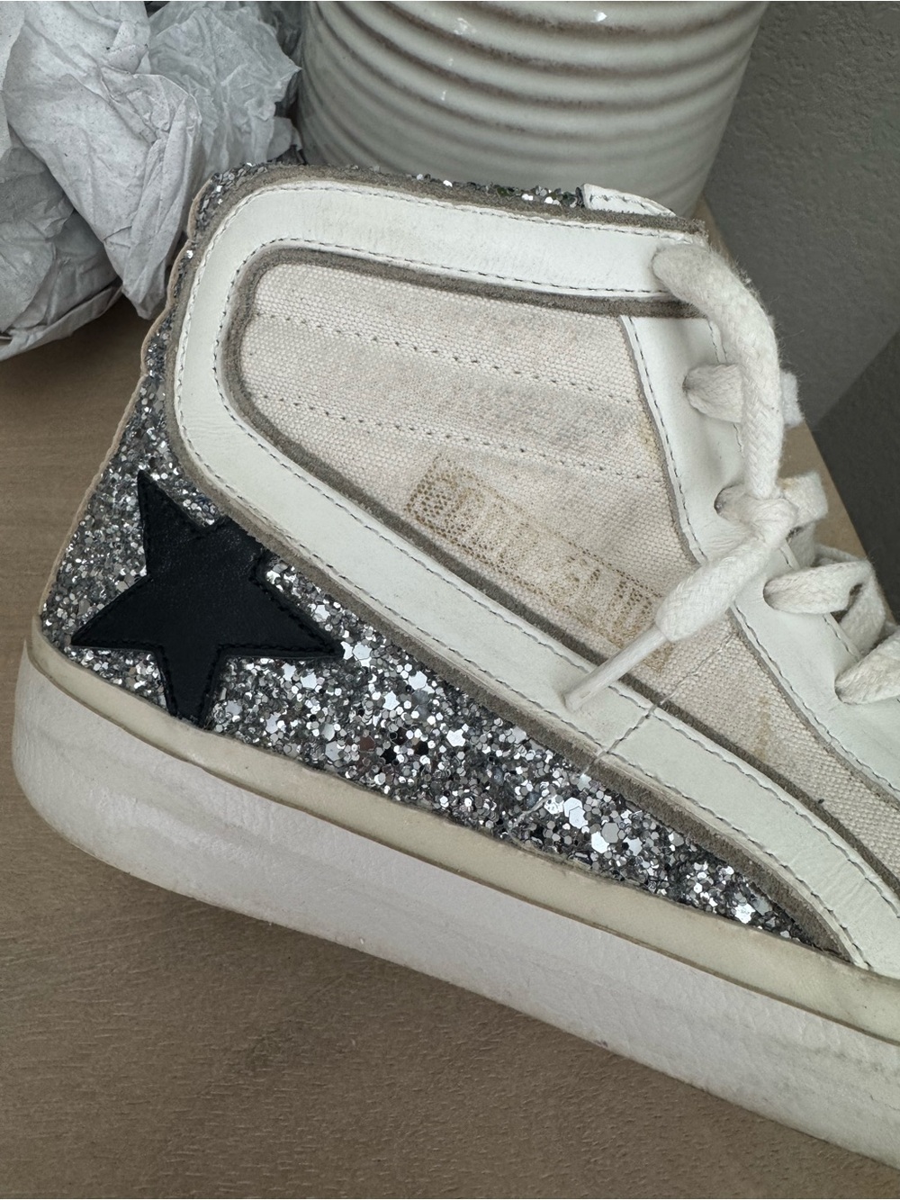 EUC Golden Goose Slide High-Top Sneakers with Silver Glitter Accents Black Star - Picture 6 of 13